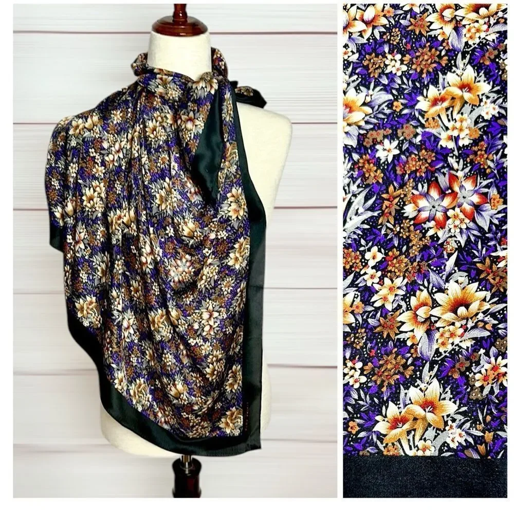 Elaine Gold for Collection XIIX Silk Square Scarf Floral Purple Tan Ivory Japan